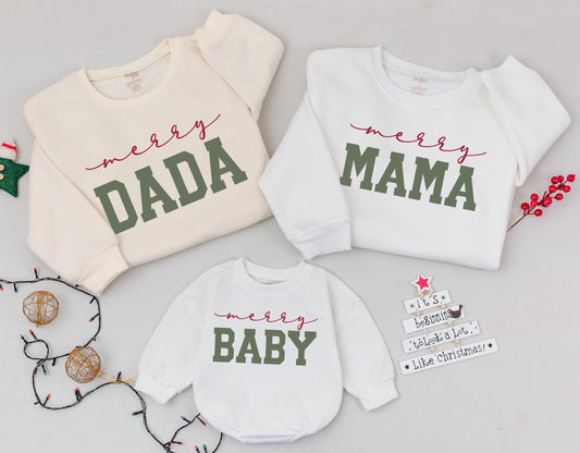 Matching Family Christmas Sweatshirts with Merry Mama Dada Baby Design Cozy Holiday Outfits Red Cursive Green Bold Font Comfortable Tops