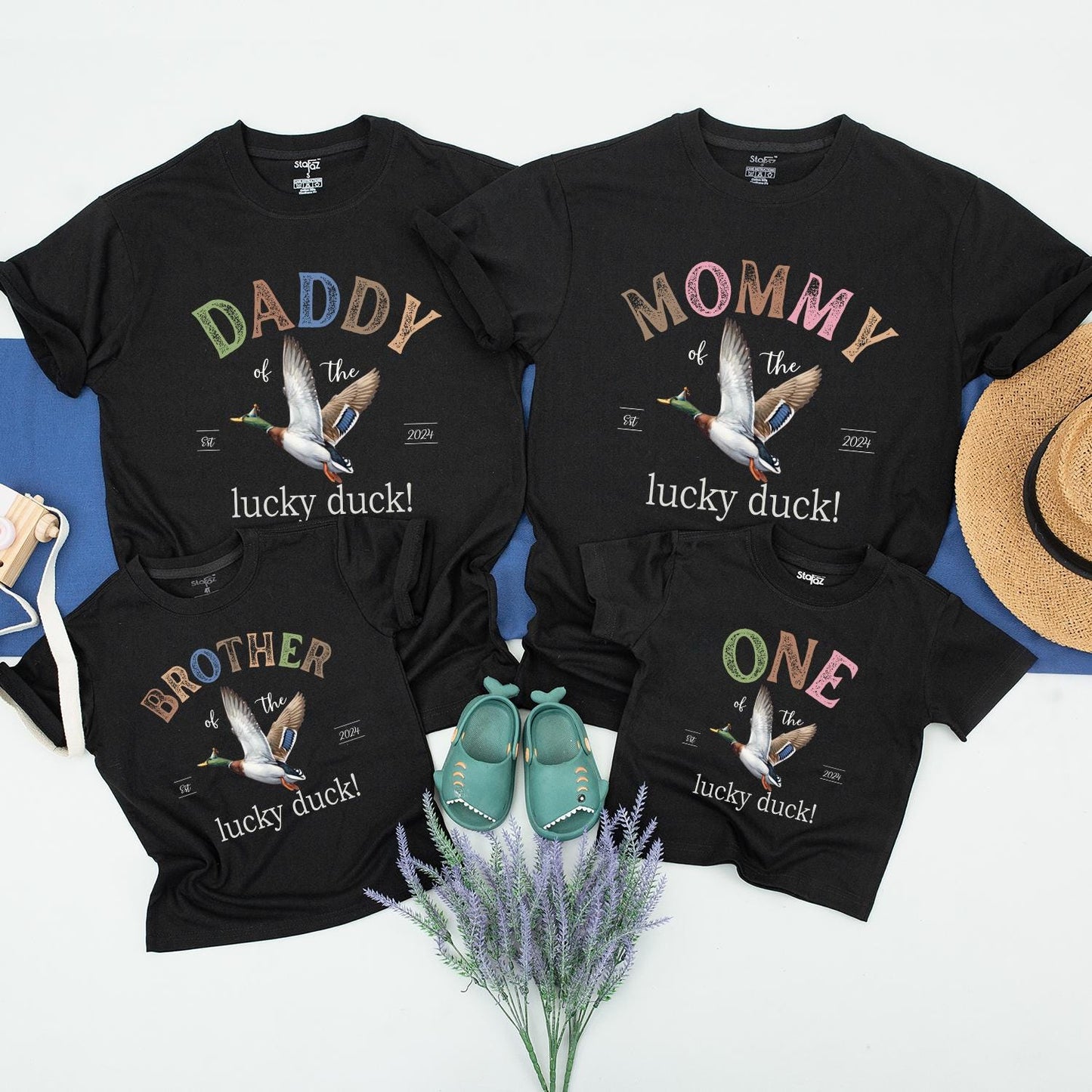 ONE Lucky Duck Matching Family Birthday Shirts Cute Mallard Flight Pastel Green Pink Tan Est 2024 "Lucky Duck" Saying Birthday