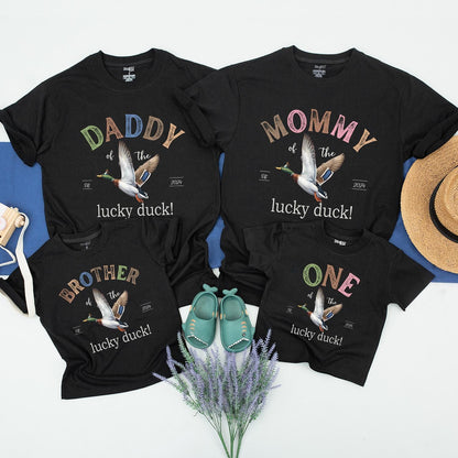 ONE Lucky Duck Matching Family Birthday Shirts Cute Mallard Flight Pastel Green Pink Tan Est 2024 "Lucky Duck" Saying Birthday