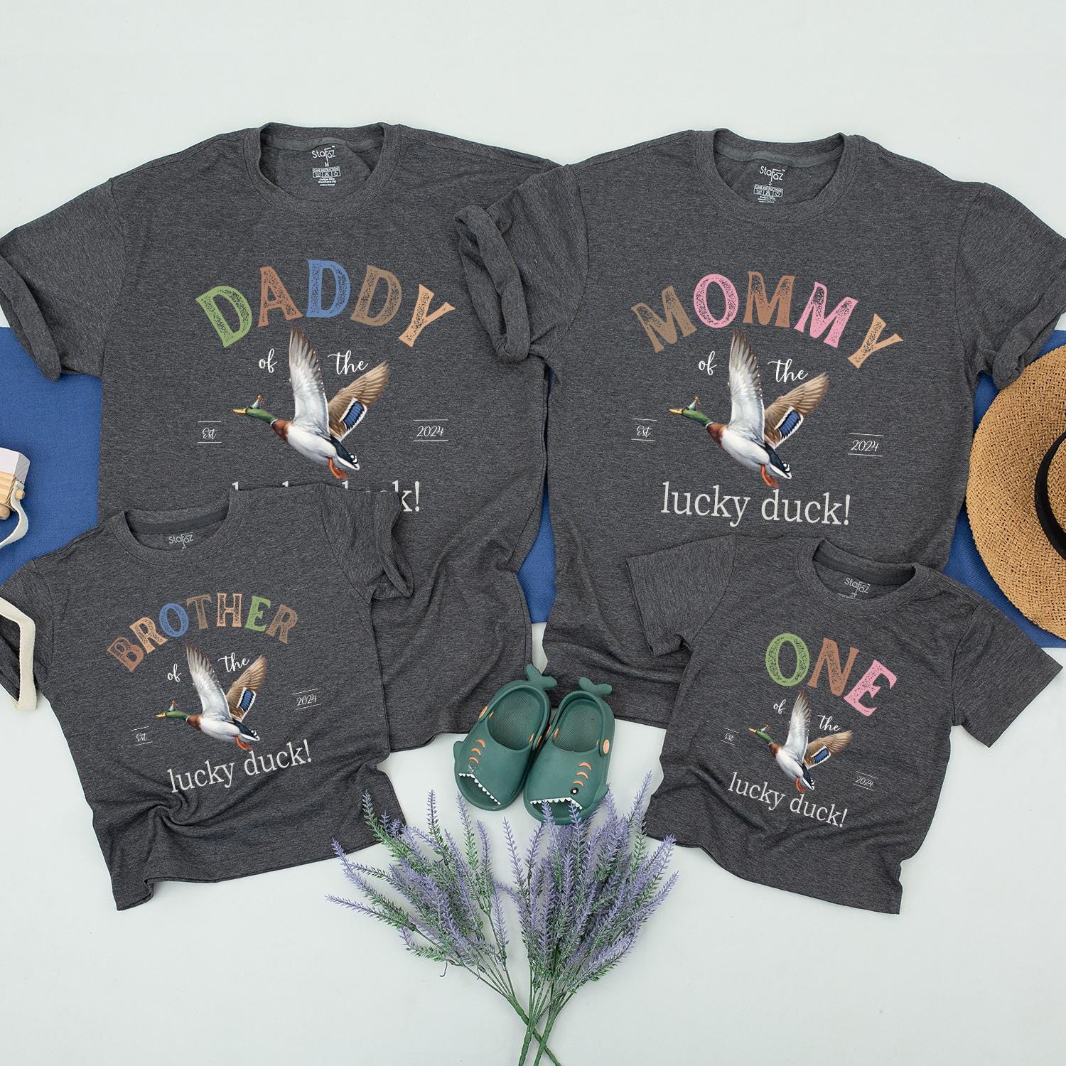 ONE Lucky Duck Matching Family Birthday Shirts Cute Mallard Flight Pastel Green Pink Tan Est 2024 "Lucky Duck" Saying Birthday