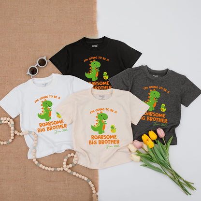 Big Brother Dinosaur Toddler Shirt for Pregnancy Announcement Roarsome Sibling T-Shirt Promoted Gift June 2025 Cheerful Green Orange Design