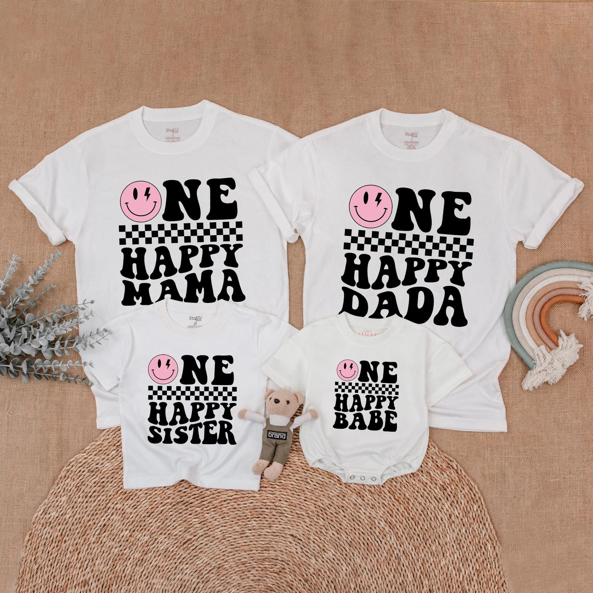 One Happy Babe Birthday Matching Family Shirt Retro Smiley Face Lightning Bolt Girl Outfit