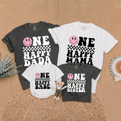 One Happy Babe Birthday Matching Family Shirt Retro Smiley Face Lightning Bolt Girl Outfit