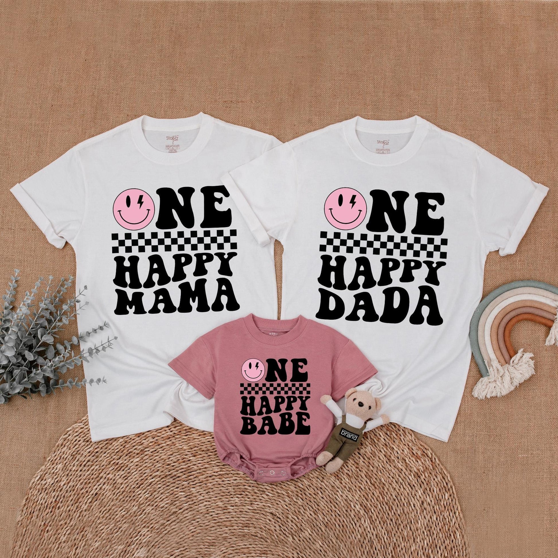 One Happy Babe Birthday Matching Family Shirt Retro Smiley Face Lightning Bolt Girl Outfit