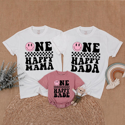 One Happy Babe Birthday Matching Family Shirt Retro Smiley Face Lightning Bolt Girl Outfit