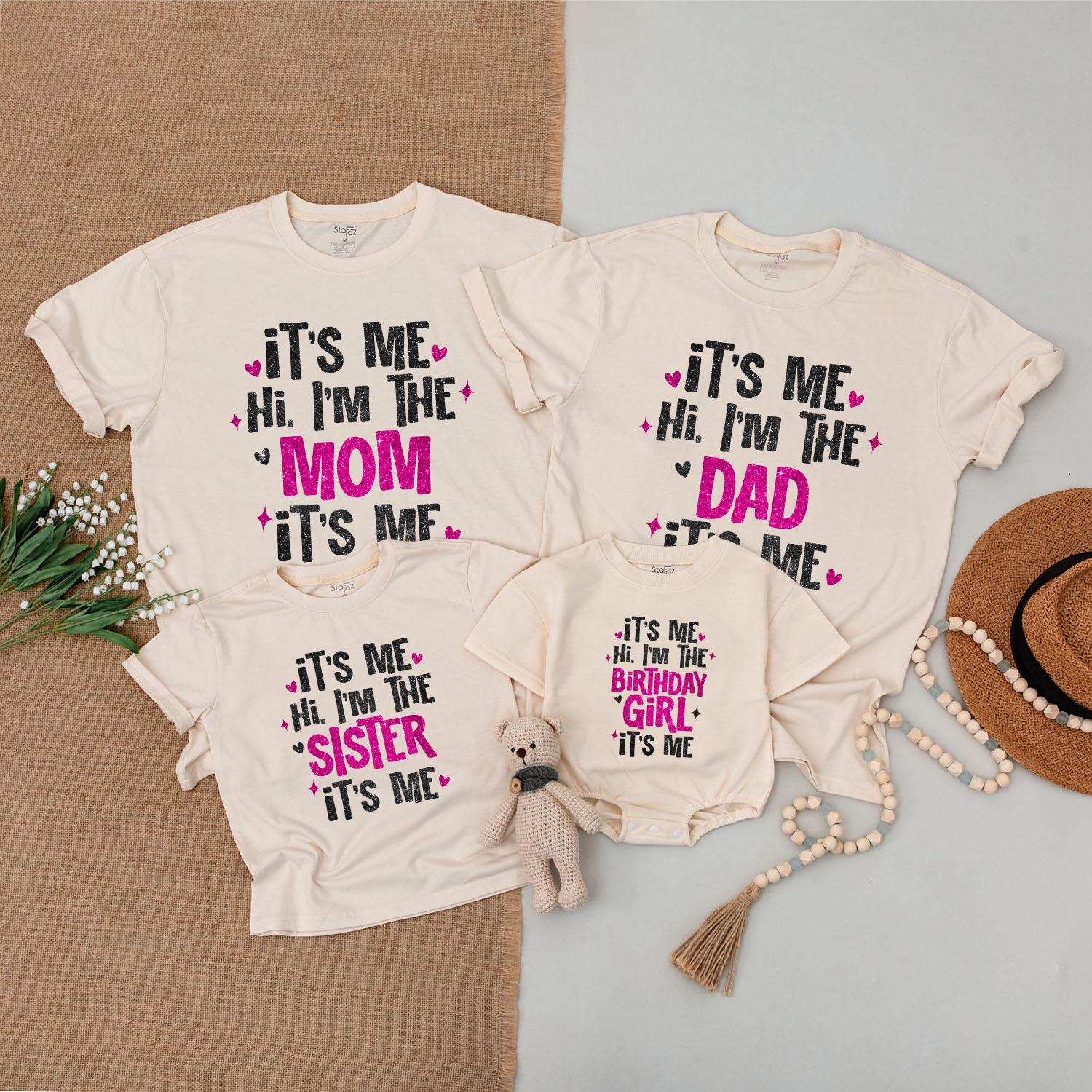 Birthday Girl Glitter Outfit! Matching Family Shirts: It's Me Hi, I'm the... Romper, Sister Tee, Mommy and Me Set, Fun Pink Star Gift for Girls 137