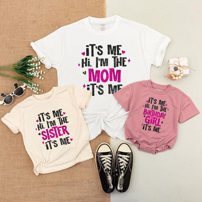 Birthday Girl Glitter Outfit! Matching Family Shirts: It's Me Hi, I'm the... Romper, Sister Tee, Mommy and Me Set, Fun Pink Star Gift for Girls 137