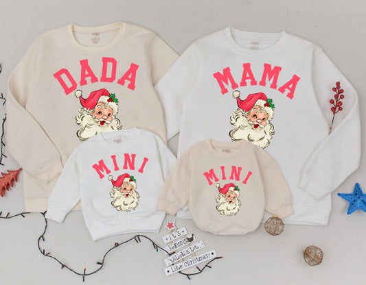 Matching Mama Dada Mini Christmas Sweatshirts Retro Pink Santa Mom Toddler Outfit Christmas Sweater Gift