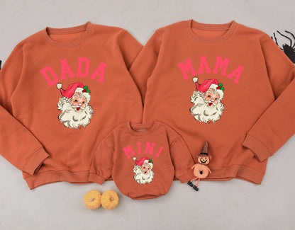 Matching Mama Dada Mini Christmas Sweatshirts Retro Pink Santa Mom Toddler Outfit Christmas Sweater Gift