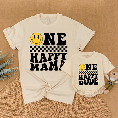 Matching Happy Face Birthday Family Shirts: One Cool Dude & Family Outfit, Retro Smiley Design, Custom Ages, Comfortable Cotton