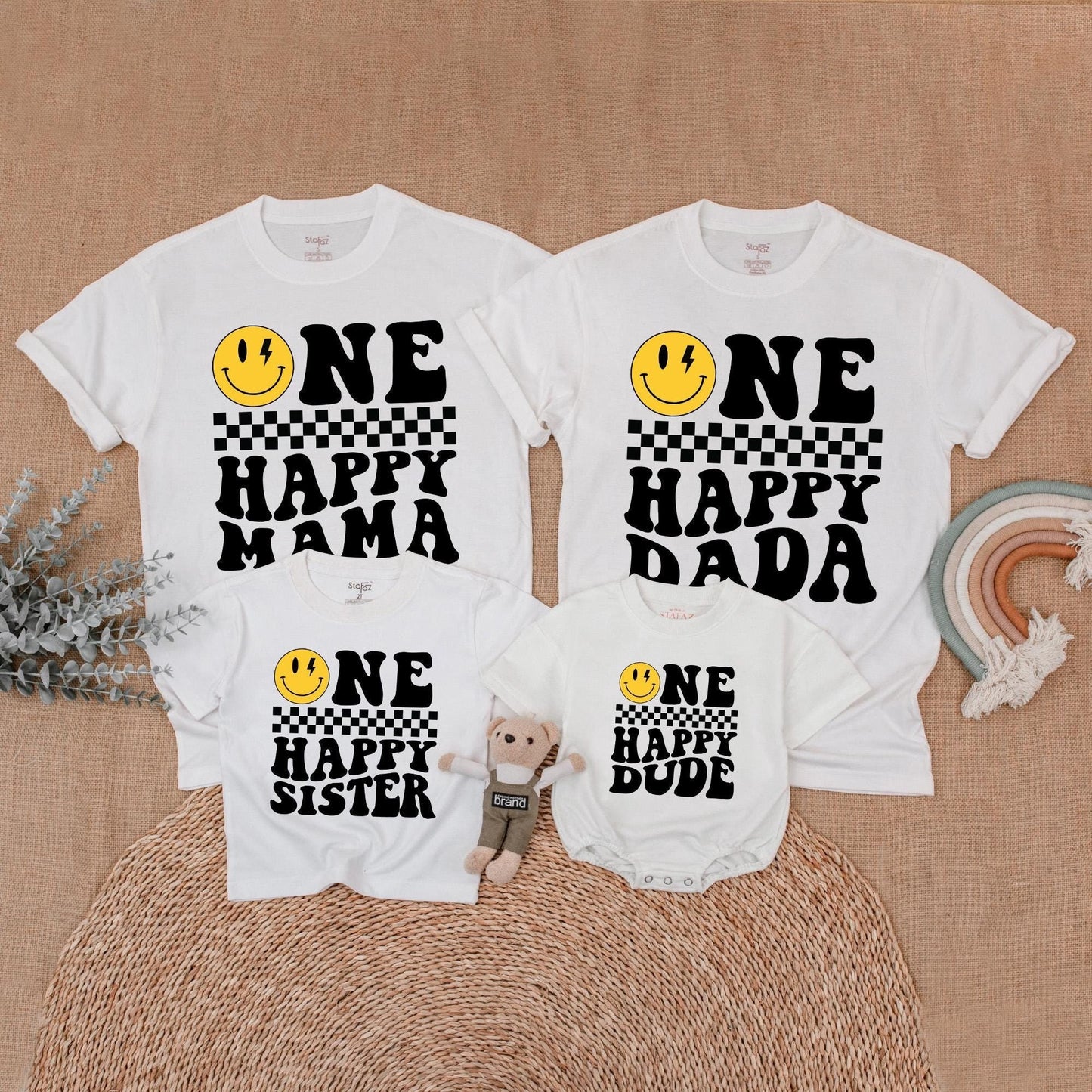 Matching Happy Face Birthday Family Shirts: One Cool Dude & Family Outfit, Retro Smiley Design, Custom Ages, Comfortable Cotton