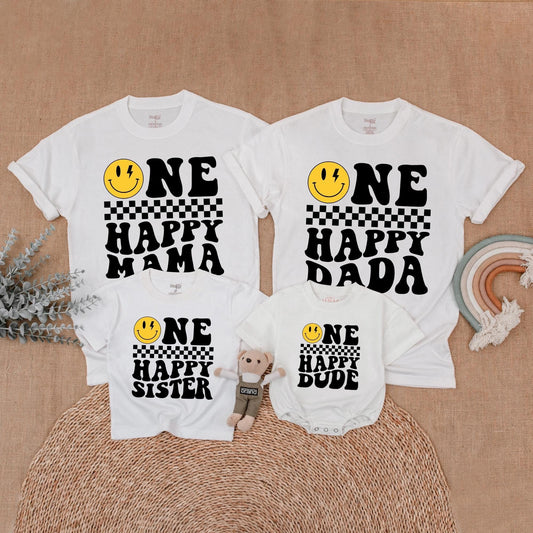 Matching Happy Face Birthday Family Shirts: One Cool Dude & Family Outfit, Retro Smiley Design, Custom Ages, Comfortable Cotton
