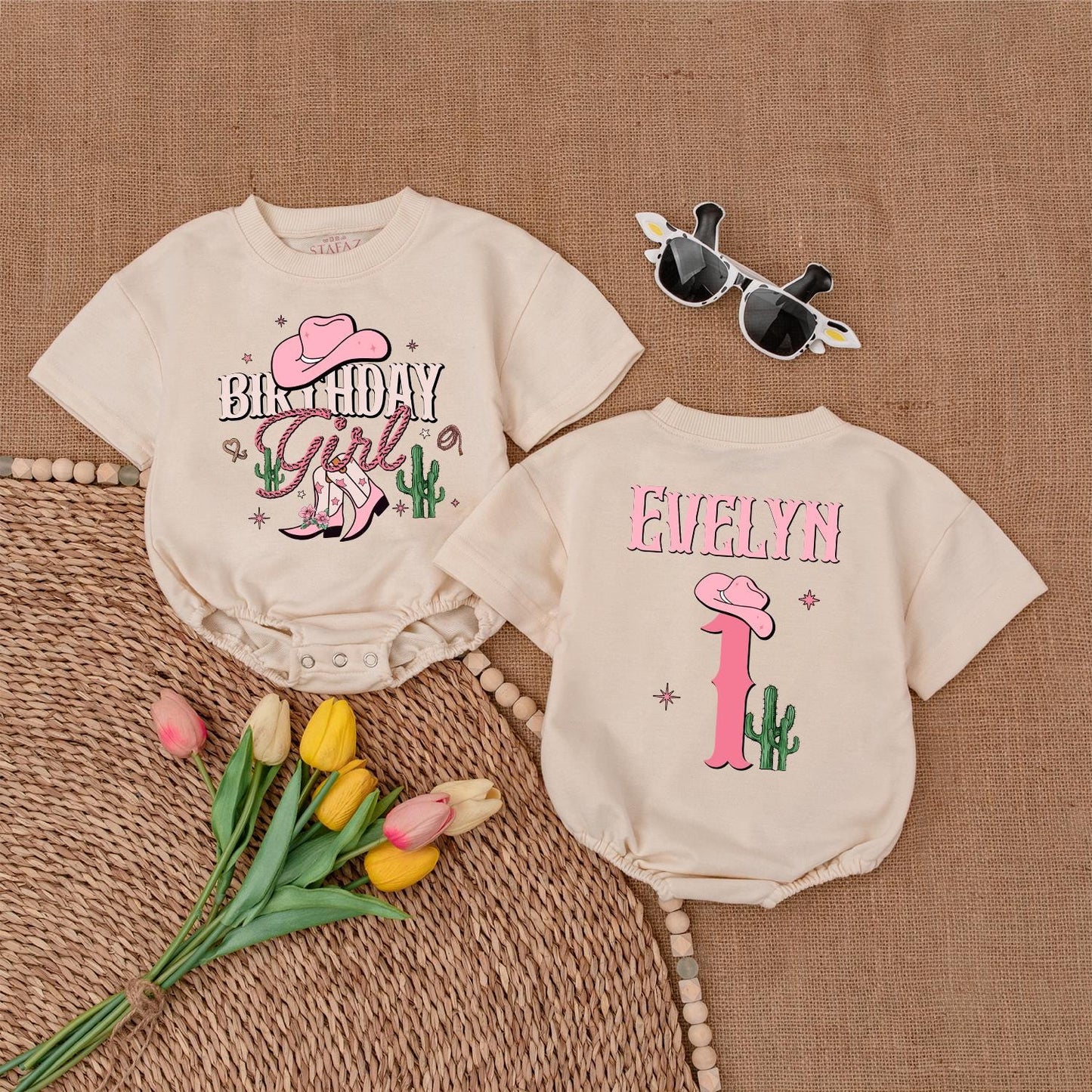 Birthday Girl Western Romper Cute Pink Cowboy Boots Cactus Stars Personalized First Rodeo Outfit
