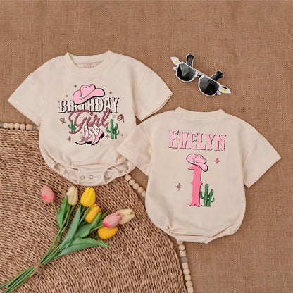Birthday Girl Western Romper Cute Pink Cowboy Boots Cactus Stars Personalized First Rodeo Outfit