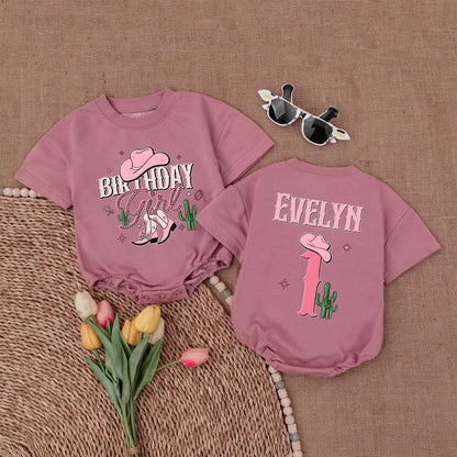Birthday Girl Western Romper Cute Pink Cowboy Boots Cactus Stars Personalized First Rodeo Outfit