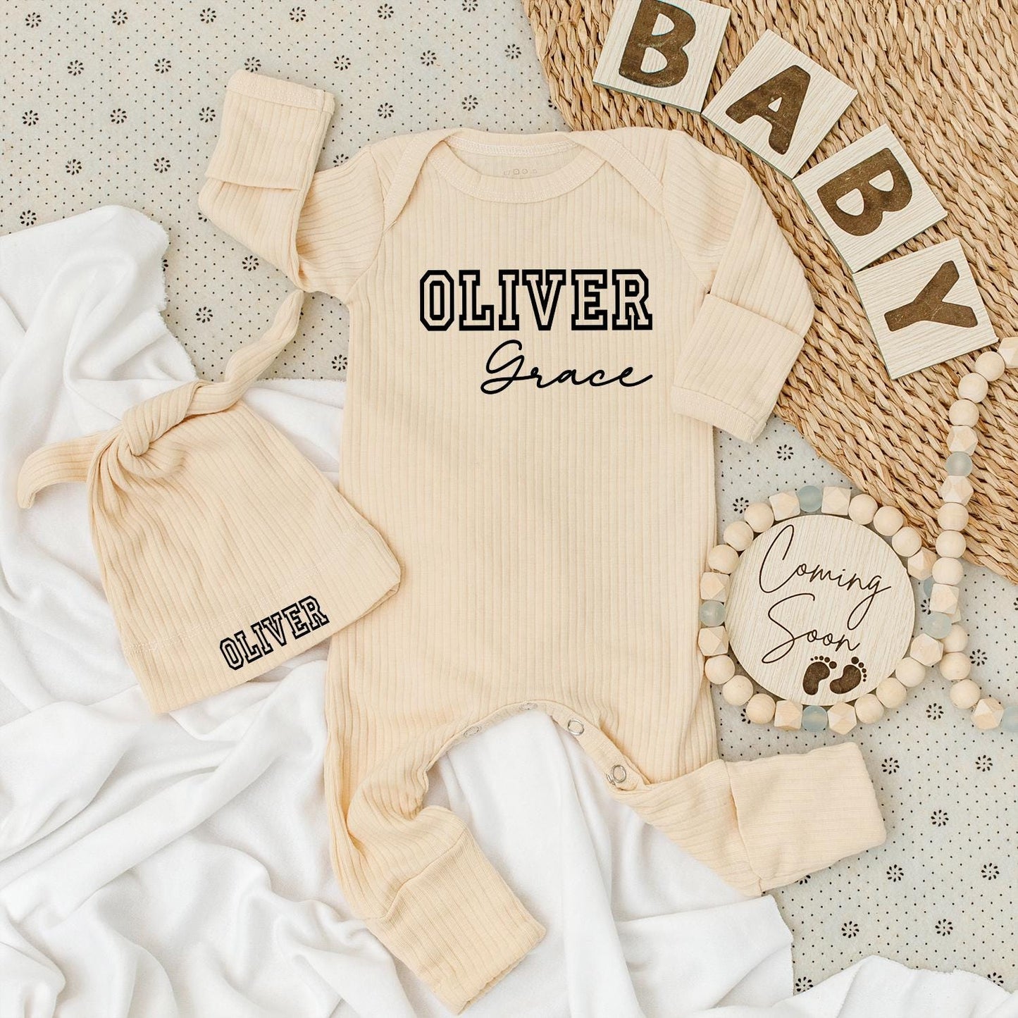 Personalized Modern First Middle Name Baby Bodysuit and Hat Set with Bold Black Text Design Newborn Shower Gift Long Sleeve Romper Infant Outfit