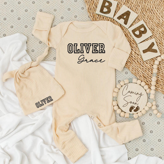 Personalized Modern First Middle Name Baby Bodysuit and Hat Set with Bold Black Text Design Newborn Shower Gift Long Sleeve Romper Infant Outfit