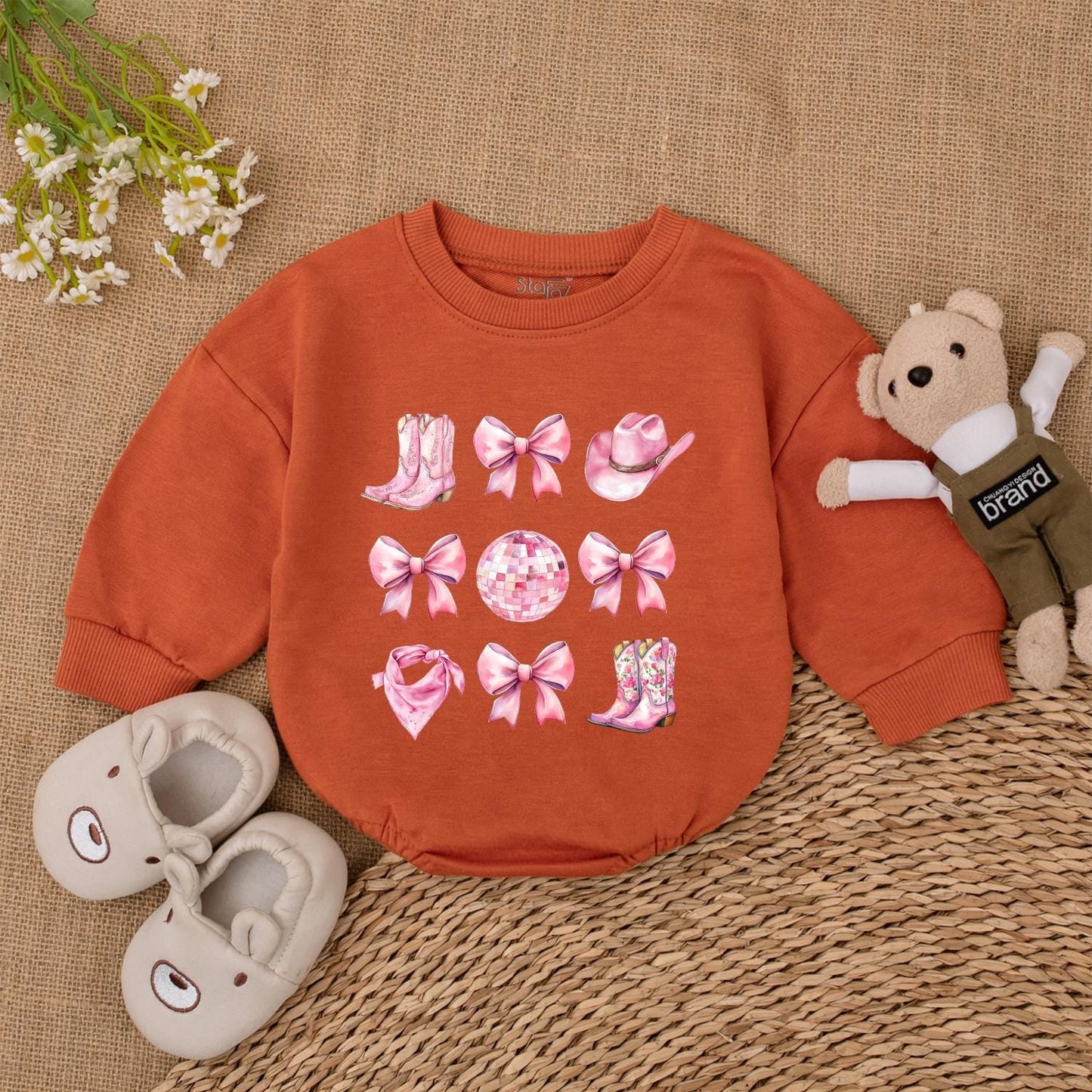 Sweet Pink Watercolor Western Cowgirl Romper with Boots Hats Disco Balls First Birthday Outfit Newborn Toddler Baby Girl Shower Gift