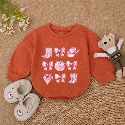 Sweet Pink Watercolor Western Cowgirl Romper with Boots Hats Disco Balls First Birthday Outfit Newborn Toddler Baby Girl Shower Gift