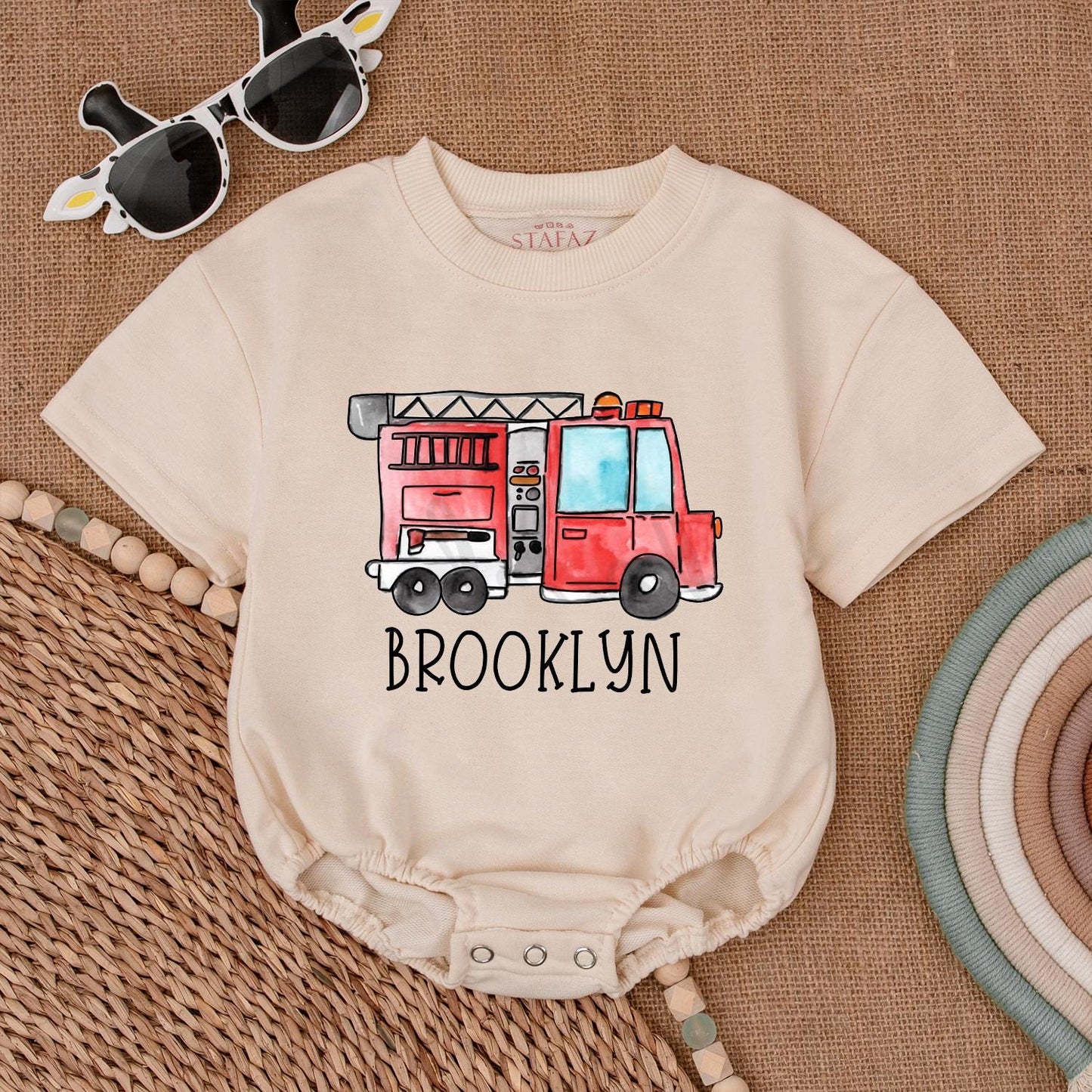 Custom Firetruck Name Romper Baby Bodysuit First Birthday Firefighter Outfit Newborn Shower Gift