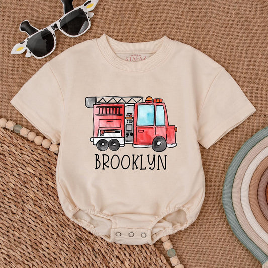 Custom Firetruck Name Romper Baby Bodysuit First Birthday Firefighter Outfit Newborn Shower Gift