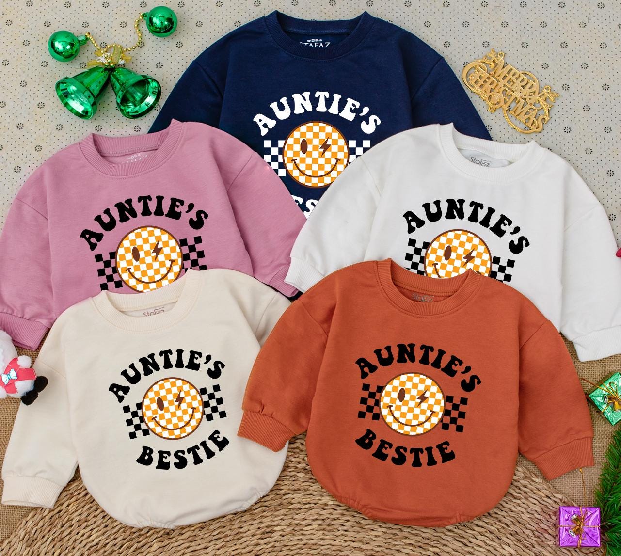 Auntie's Bestie Romper: Retro Checkerboard Smiley Face Newborn Outfit, Fun Baby Clothes Gift from Aunt, Pregnancy Announcement, Cute Auntie Baby Shirt (139 chars)