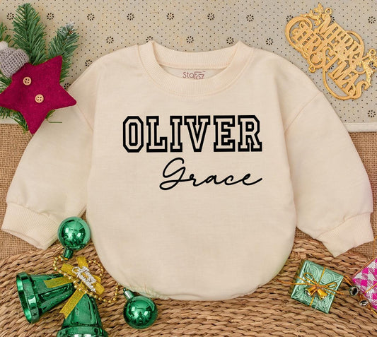 Personalized Oliver & Grace Baby Bodysuit and Hat Set, Modern Newborn Outfit, Custom Name Gift, Black and White Going Home Clothes, Baby Shower Present 139