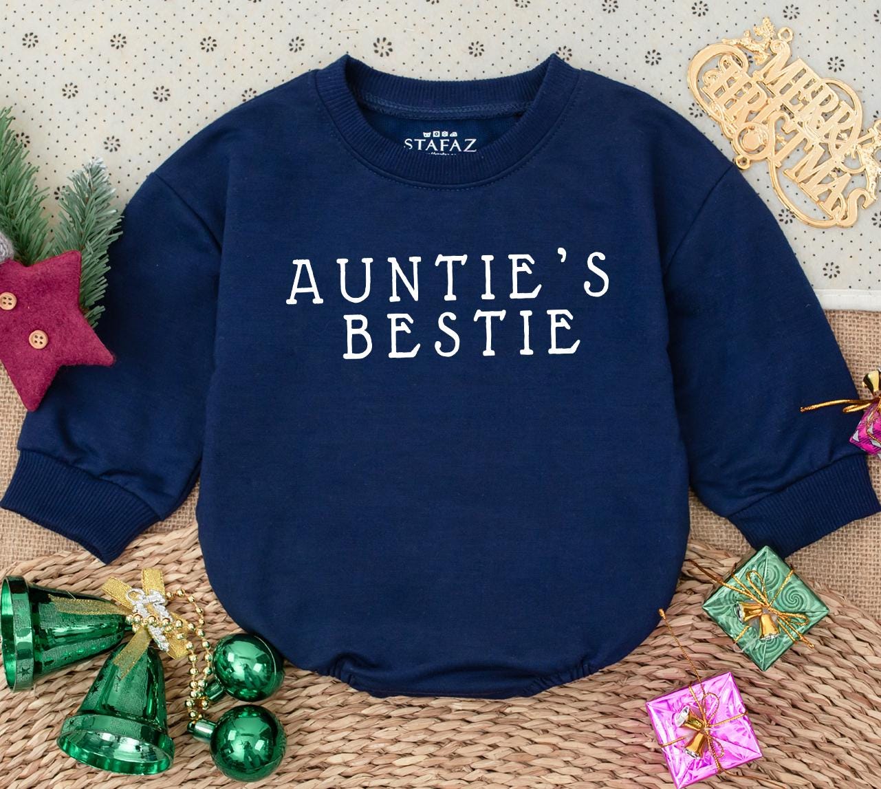Auntie's Bestie Newborn Romper cute gender neutral baby outfit with bold black text perfect pregnancy announcement or shower gift