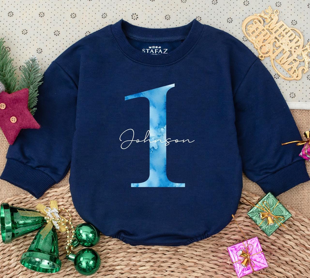 Custom Blue Watercolor 1 Johnson Baby Romper Newborn Girl Gift, Personalized Baby Clothes, First Birthday Outfit