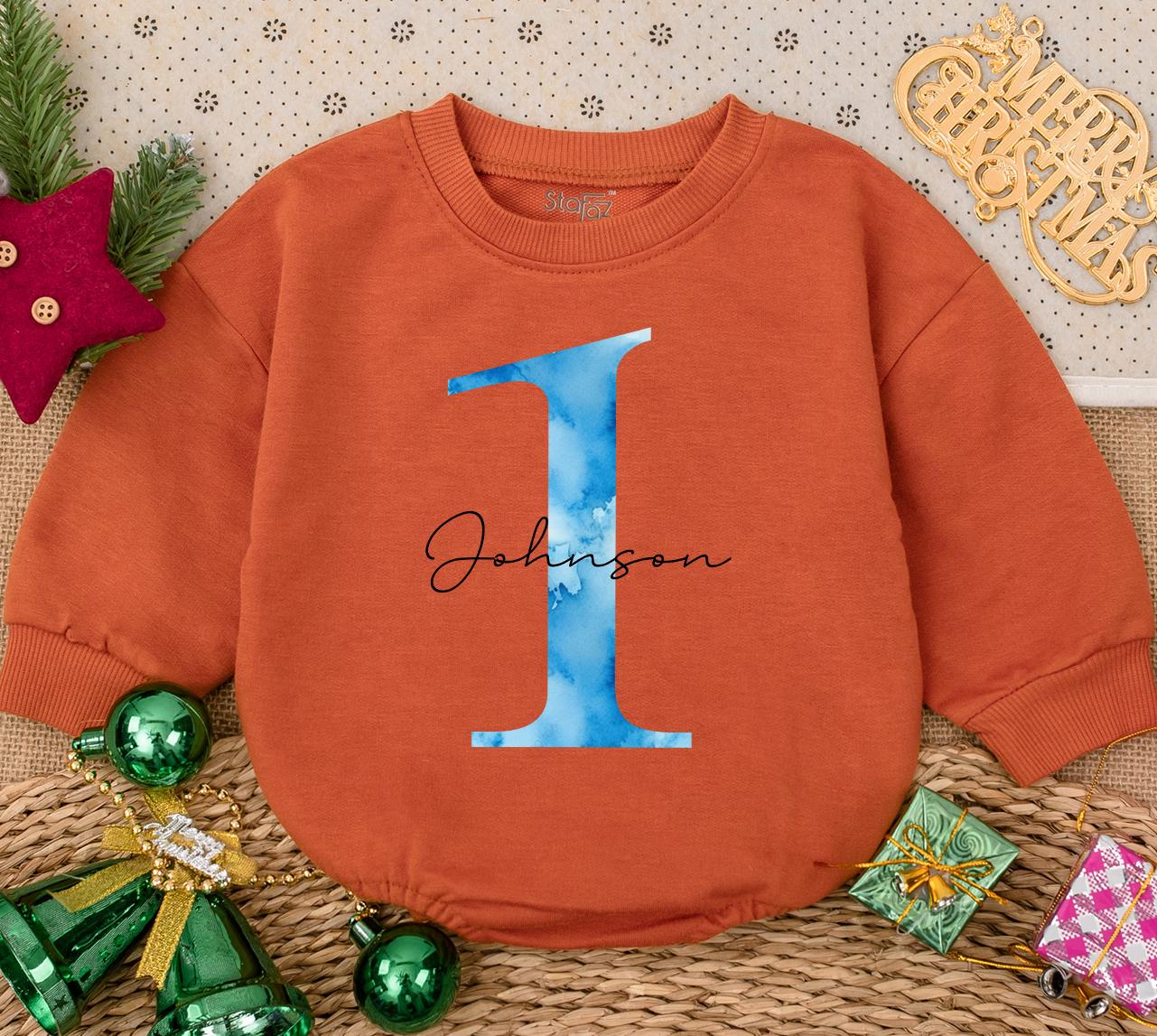 Custom Blue Watercolor 1 Johnson Baby Romper Newborn Girl Gift, Personalized Baby Clothes, First Birthday Outfit