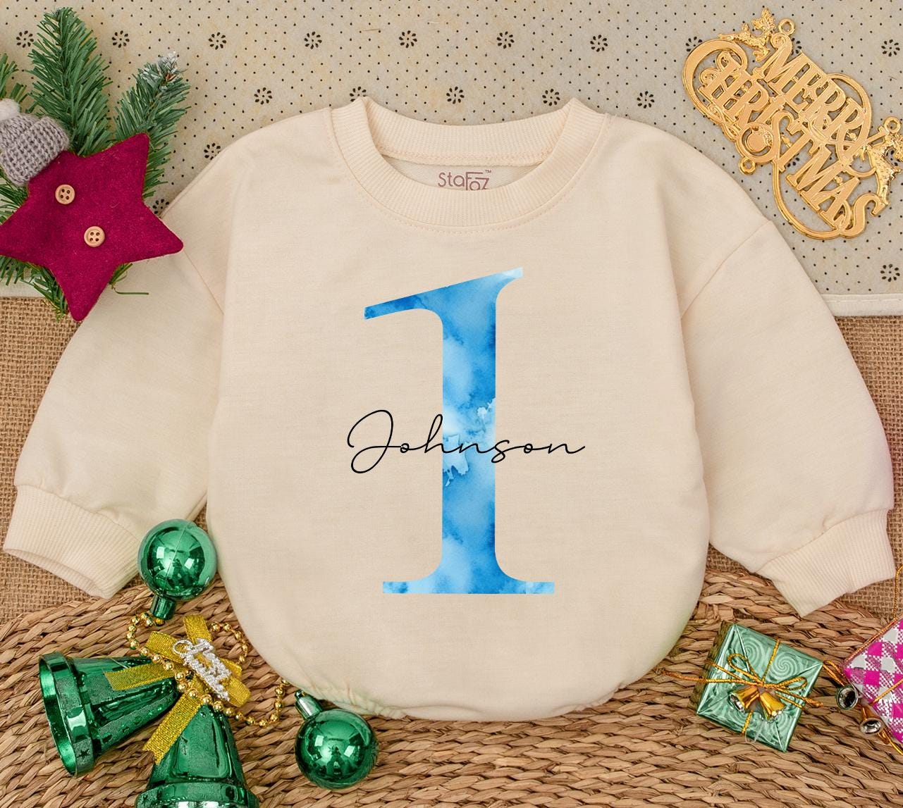 Custom Blue Watercolor 1 Johnson Baby Romper Newborn Girl Gift, Personalized Baby Clothes, First Birthday Outfit