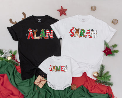 Retro Christmas Family Shirts Personalized Name Outfits, Festive Block Letter Design, Baby Announcement Matching Group, First Christmas, Mom and Baby, Vintage Holiday (139)
