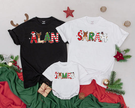 Retro Christmas Family Shirts Personalized Name Outfits, Festive Block Letter Design, Baby Announcement Matching Group, First Christmas, Mom and Baby, Vintage Holiday (139)
