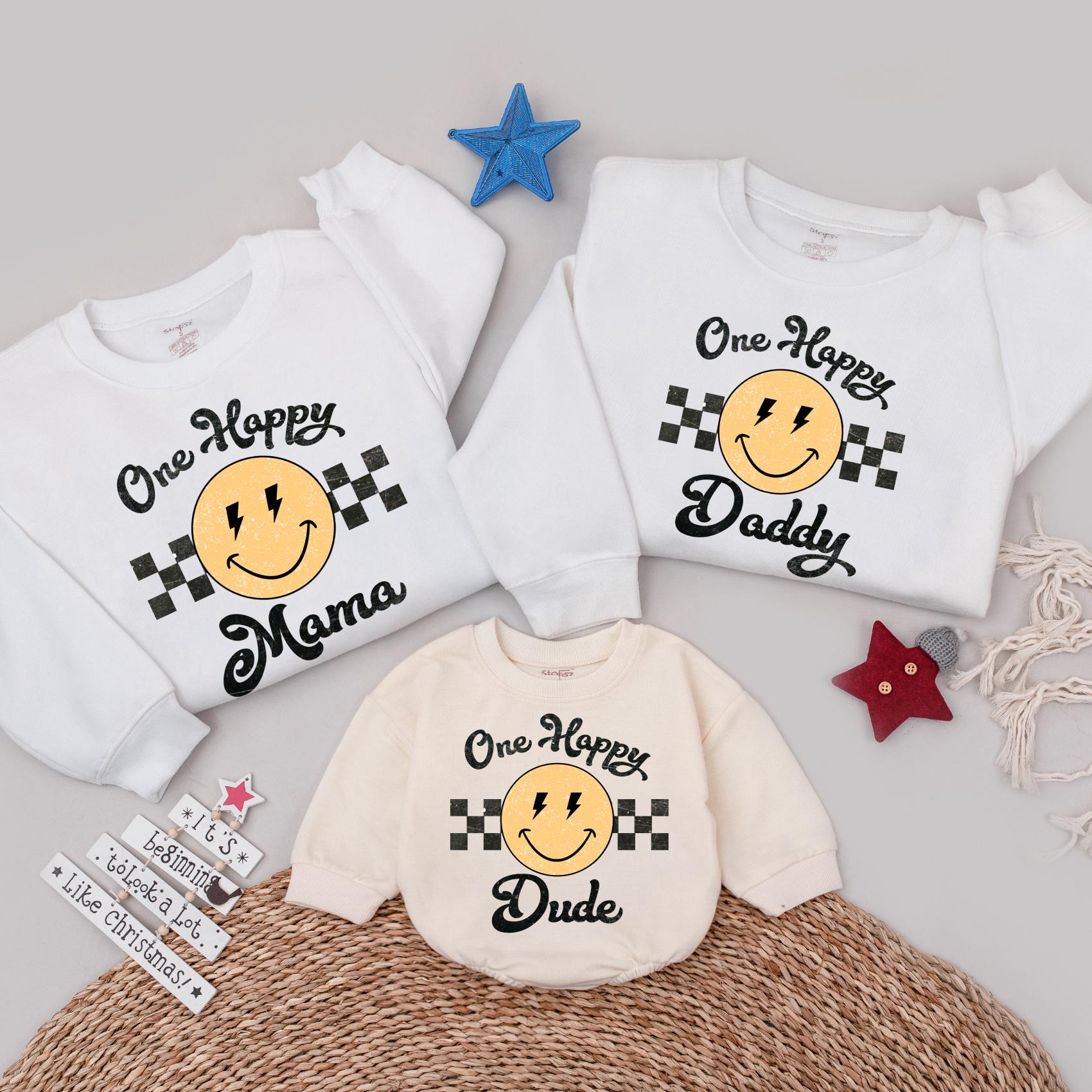 One Happy Dude Retro Smiley Face Birthday Sweatshirt Matching Family 1st Birthday Outfit Yellow Black Vintage Style Fun