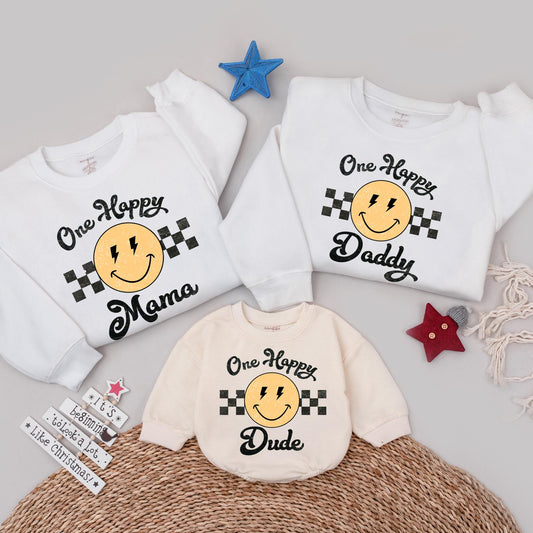 One Happy Dude Retro Smiley Face Birthday Sweatshirt Matching Family 1st Birthday Outfit Yellow Black Vintage Style Fun