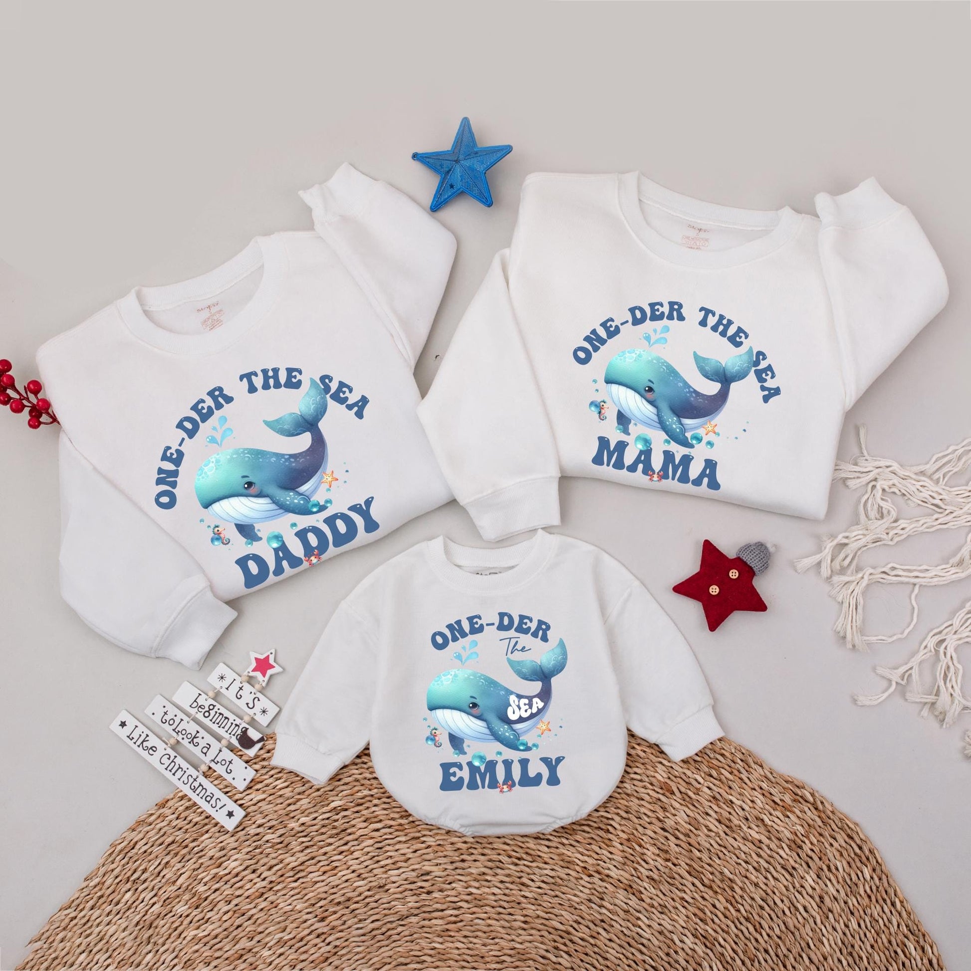 One-der The Sea Matching Family Birthday Sweatshirts, Cute Whale 1st Birthday Outfit, Personalized Ocean Party Shirts for Daddy, Mama, Emily 138 chars