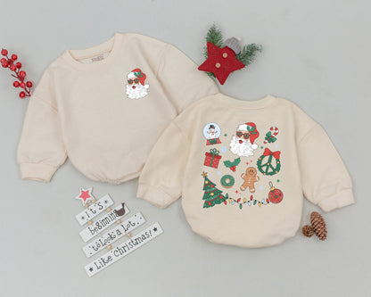 Vintage Santa Baby Bubble Romper Retro Christmas First Holiday Outfit, Fun Sunglasses Claus, Gingerbread Man, Festive Tree Lights Print Newborn Gift