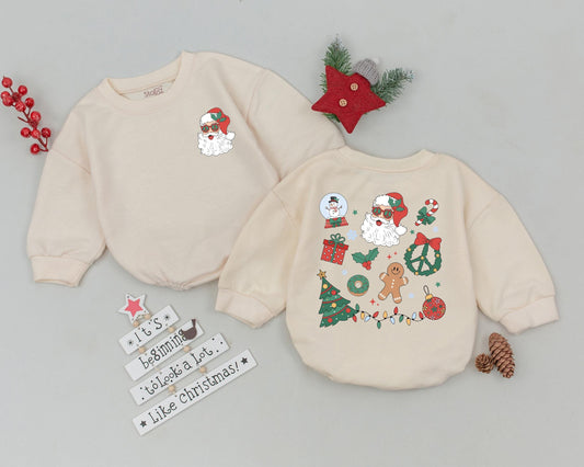 Vintage Santa Baby Bubble Romper Retro Christmas First Holiday Outfit, Fun Sunglasses Claus, Gingerbread Man, Festive Tree Lights Print Newborn Gift