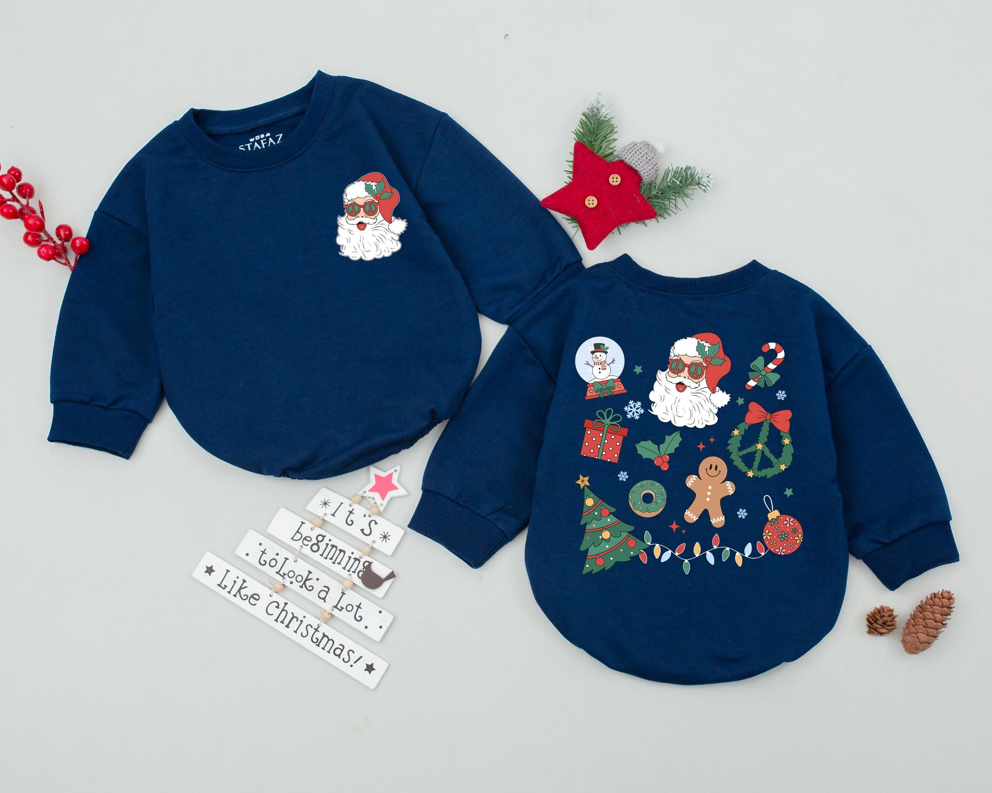 Vintage Santa Baby Bubble Romper Retro Christmas First Holiday Outfit, Fun Sunglasses Claus, Gingerbread Man, Festive Tree Lights Print Newborn Gift