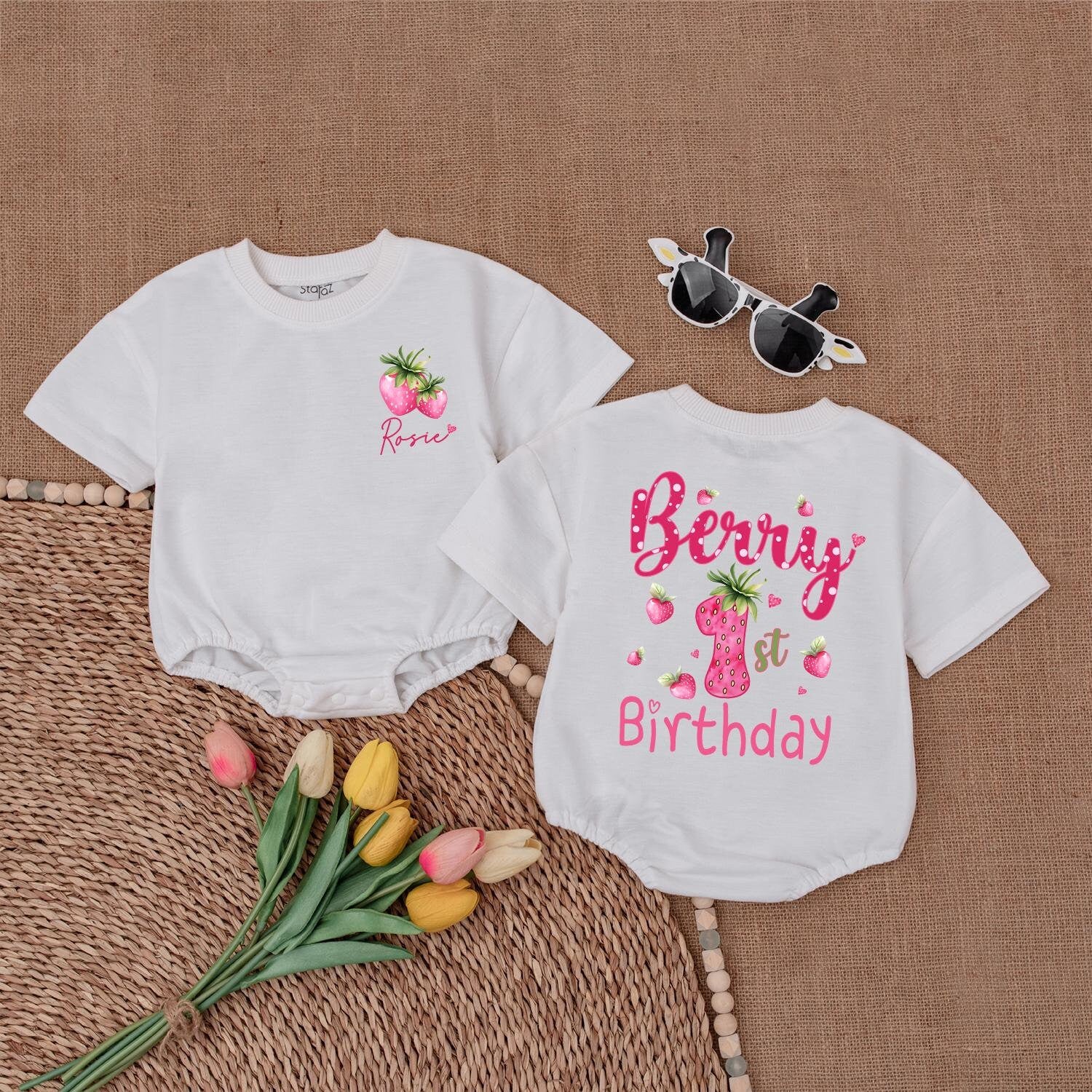 Personalized Berry 1st Birthday Strawberry Romper Cute Baby Girl Sweet One Celebration Bubble Bodysuit Cheerful Infant Shower Gift