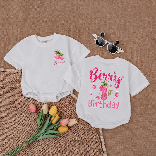 Personalized Berry 1st Birthday Strawberry Romper Cute Baby Girl Sweet One Celebration Bubble Bodysuit Cheerful Infant Shower Gift