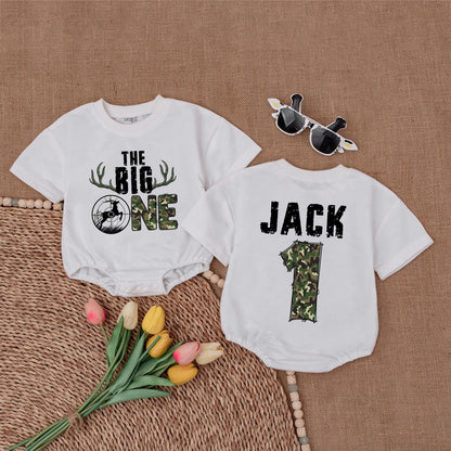 The Big One Hunting Birthday Romper Boys Deer Hunting Baby Bodysuit First Birthday Outfit Wild One 1st Birthday Boys Cotton Comfortable Outdoor Adventure Gift