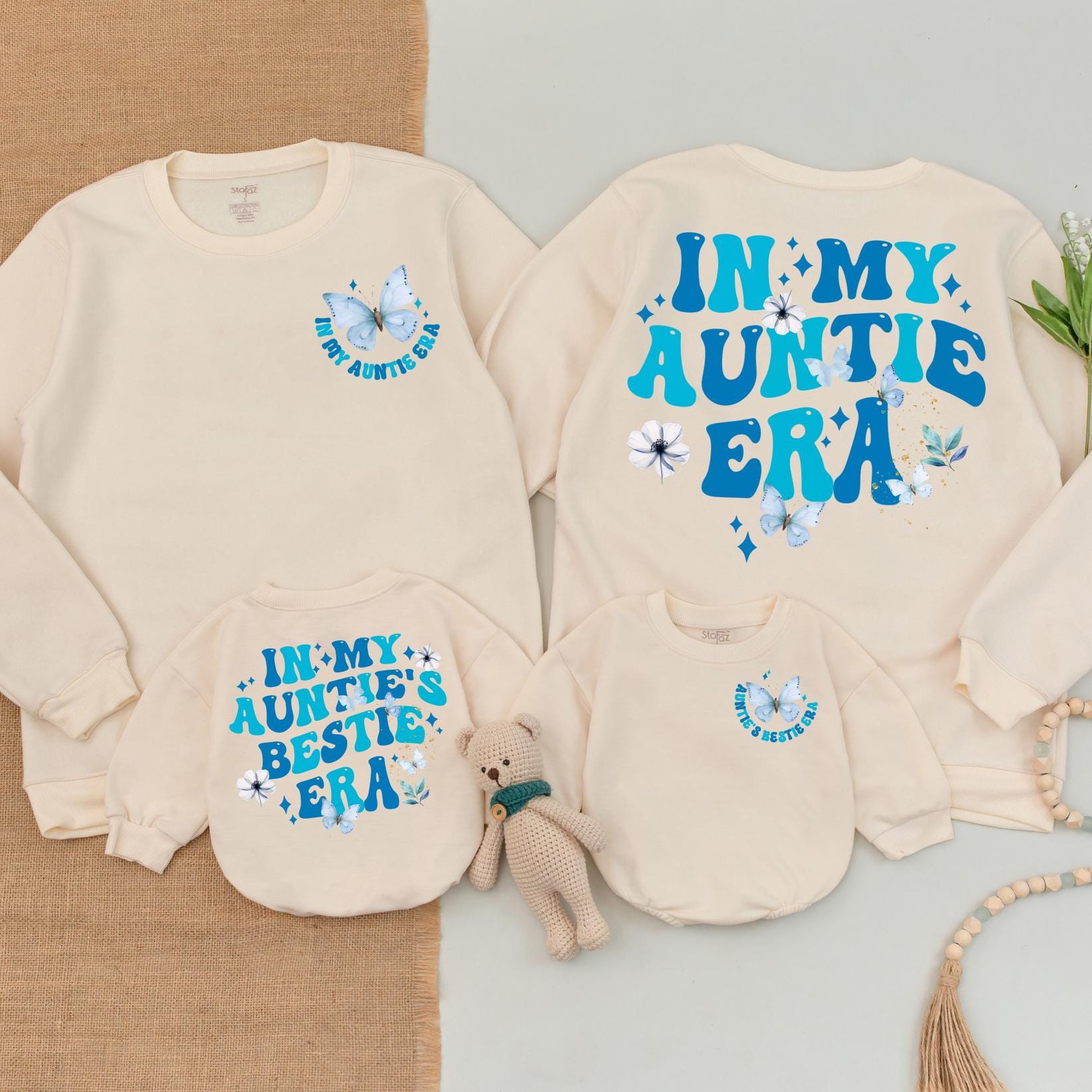 In My Auntie Era Butterfly Sweatshirt Auntie Godmother Aunties Bestie Matching Baby Romper Blue Floral Whimsical Playful Gift