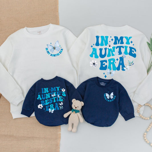 In My Auntie Era Butterfly Sweatshirt Auntie Godmother Aunties Bestie Matching Baby Romper Blue Floral Whimsical Playful Gift