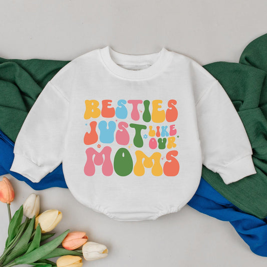 Besties Just Like Our Moms Retro Romper Sibling Matching Baby Girl Outfit Vintage 70s Style Bright Colors Newborn Gift