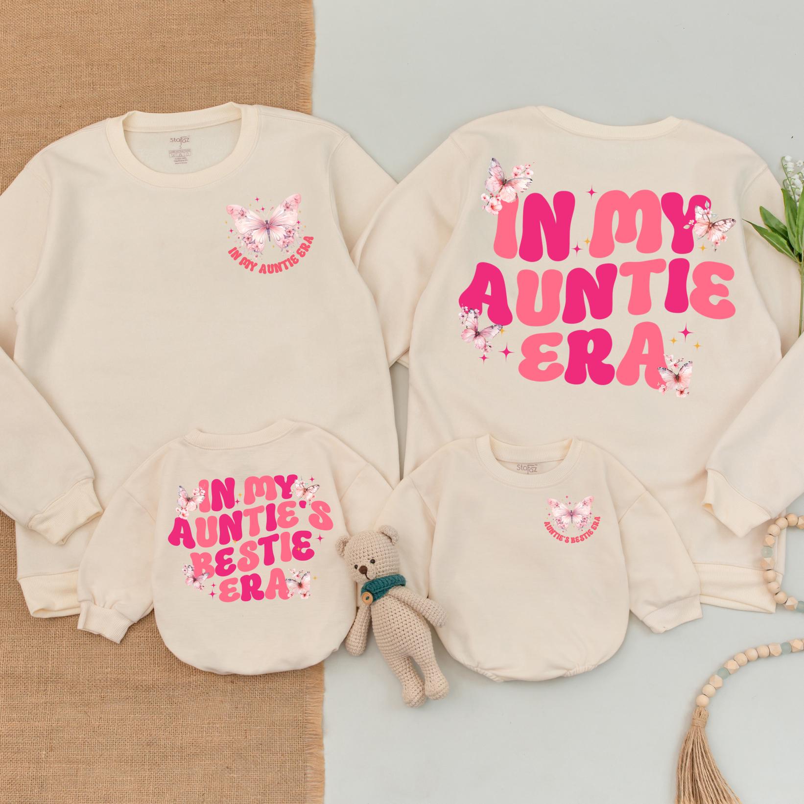 In My Auntie Era Matching Outfit: Butterfly Sparkle Sweatshirt & Baby Romper Set for Auntie's Bestie, Godmother Gift, Cute Niece Matching Set (139 chars)