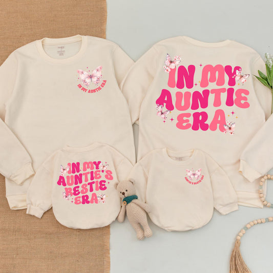 In My Auntie Era Matching Outfit: Butterfly Sparkle Sweatshirt & Baby Romper Set for Auntie's Bestie, Godmother Gift, Cute Niece Matching Set (139 chars)