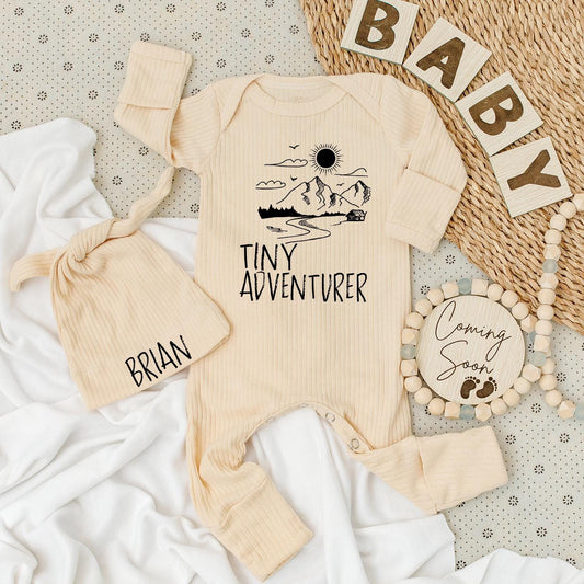Tiny Adventurer Baby Bodysuit and Hat Set - Nature Print Romper, Camping Outfit, Baby Shower Gift, Mountain Adventure Baby Clothes (138 chars)