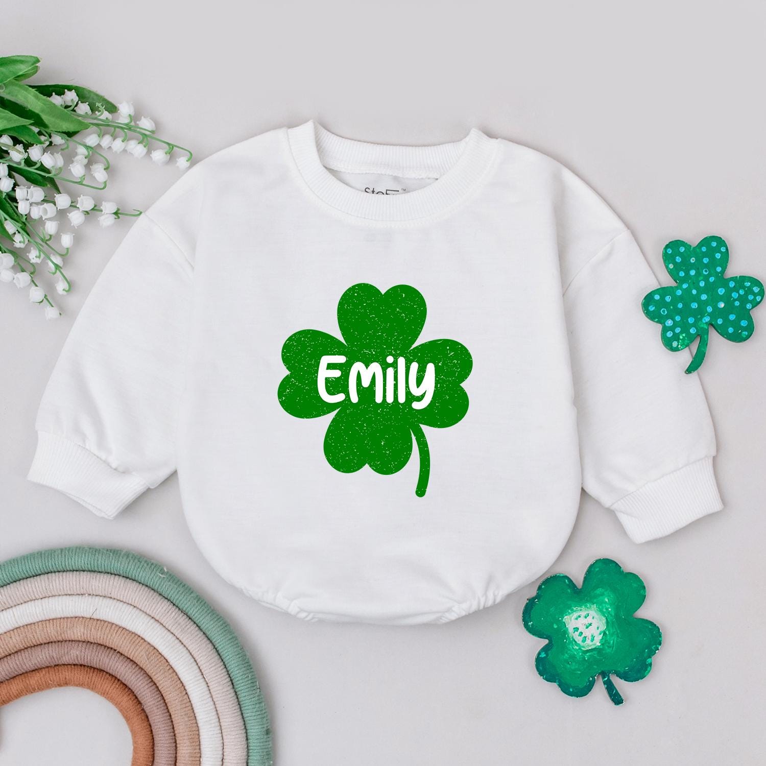 Emily Clover Romper St. Patrick's Day Outfit, Personalized Irish Baby Gift, Custom Name, Baby Girl/Boy Clothes, Newborn Romper, Shamrock