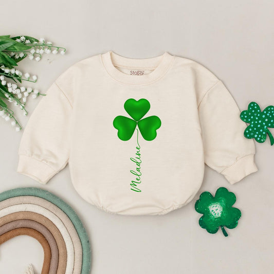Custom Name Shamrock Baby Romper Personalized Green Clover St Patricks Day Outfit for Infants and Toddlers